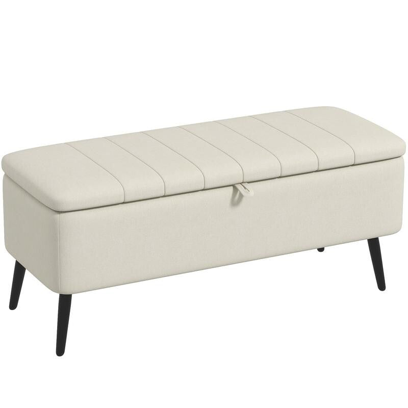 Storage Ottoman Bench Cream Linen Seat Flip Top Stool Steel Legs Bedroom