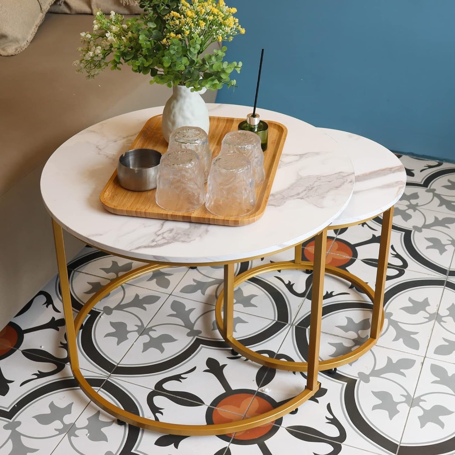 Round Gold Nesting Coffee Table Set White Marble Top Modern Side End Tables
