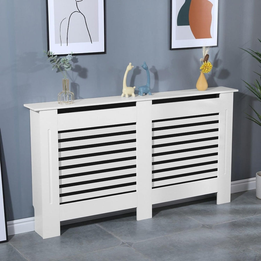 White Radiator Cover Large 152cm Modern MDF Slatted Design Cabinet with Shelf