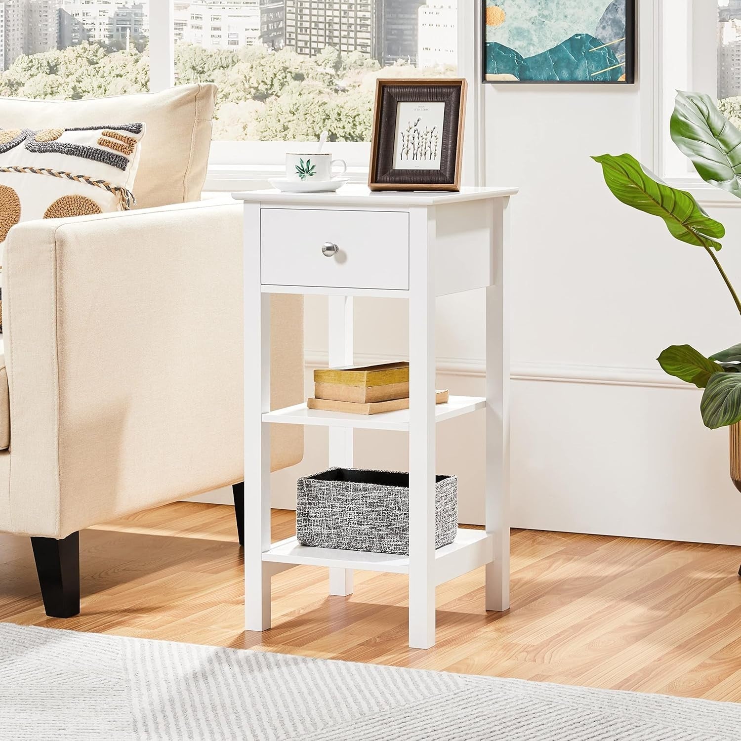 Set of 2 White Narrow Bedside Tables with Drawer & 2 Shelves | Slim Wooden