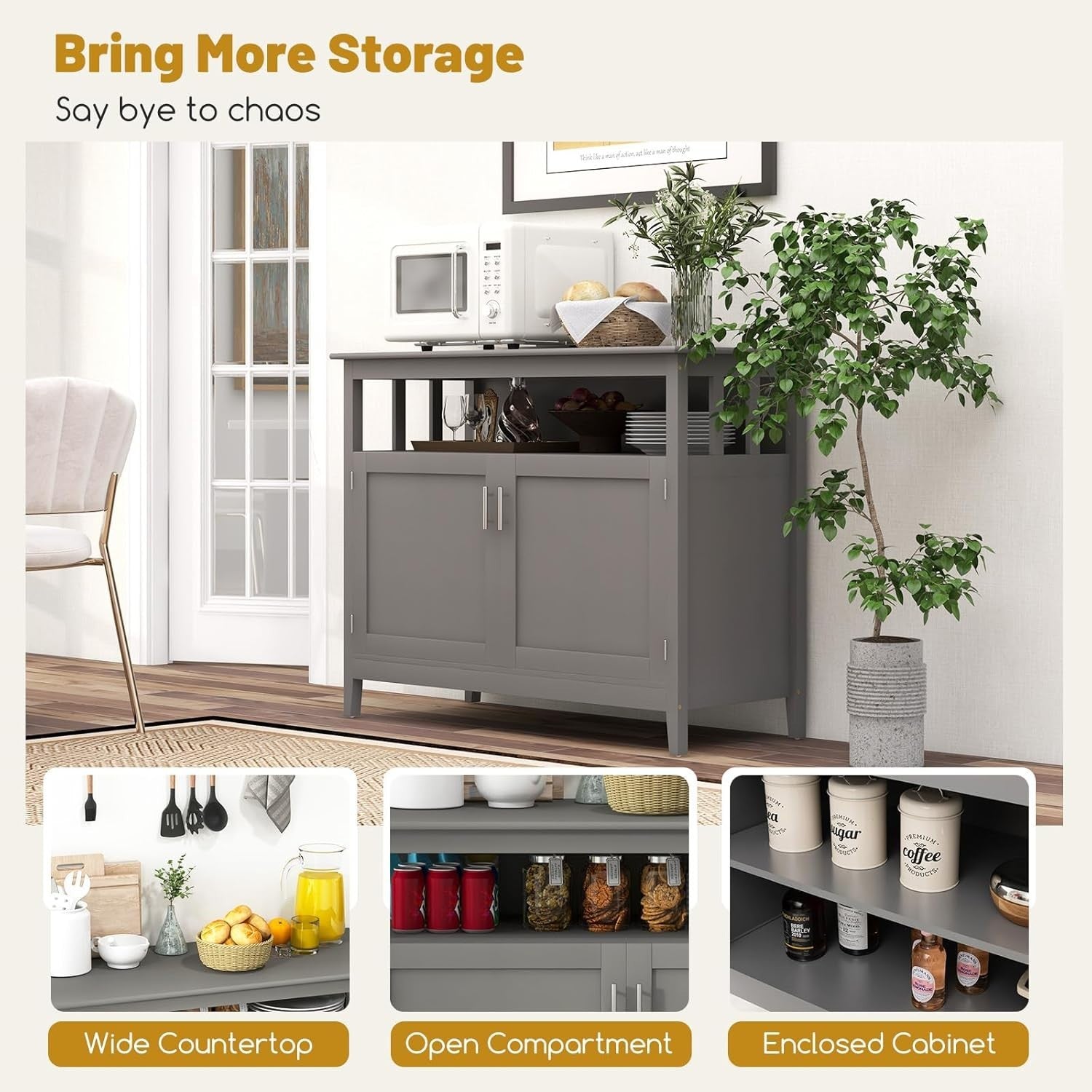 Grey Wooden Sideboard Cabinet Storage Unit with Doors & Adjustable Shelf
