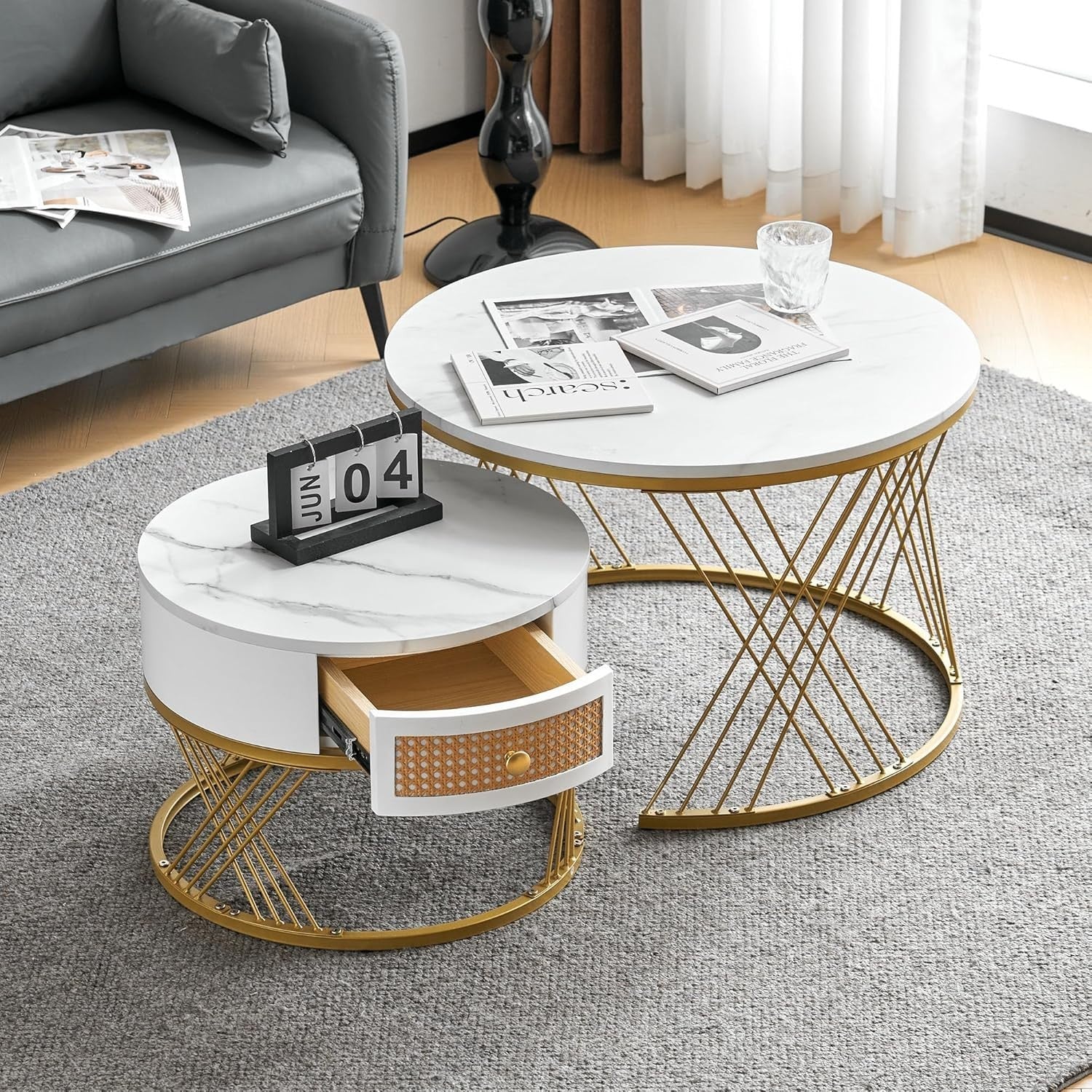 ModernLuxe 2-in-1 Round Coffee Table Set with Rattan Drawer & Gold Metal Frame