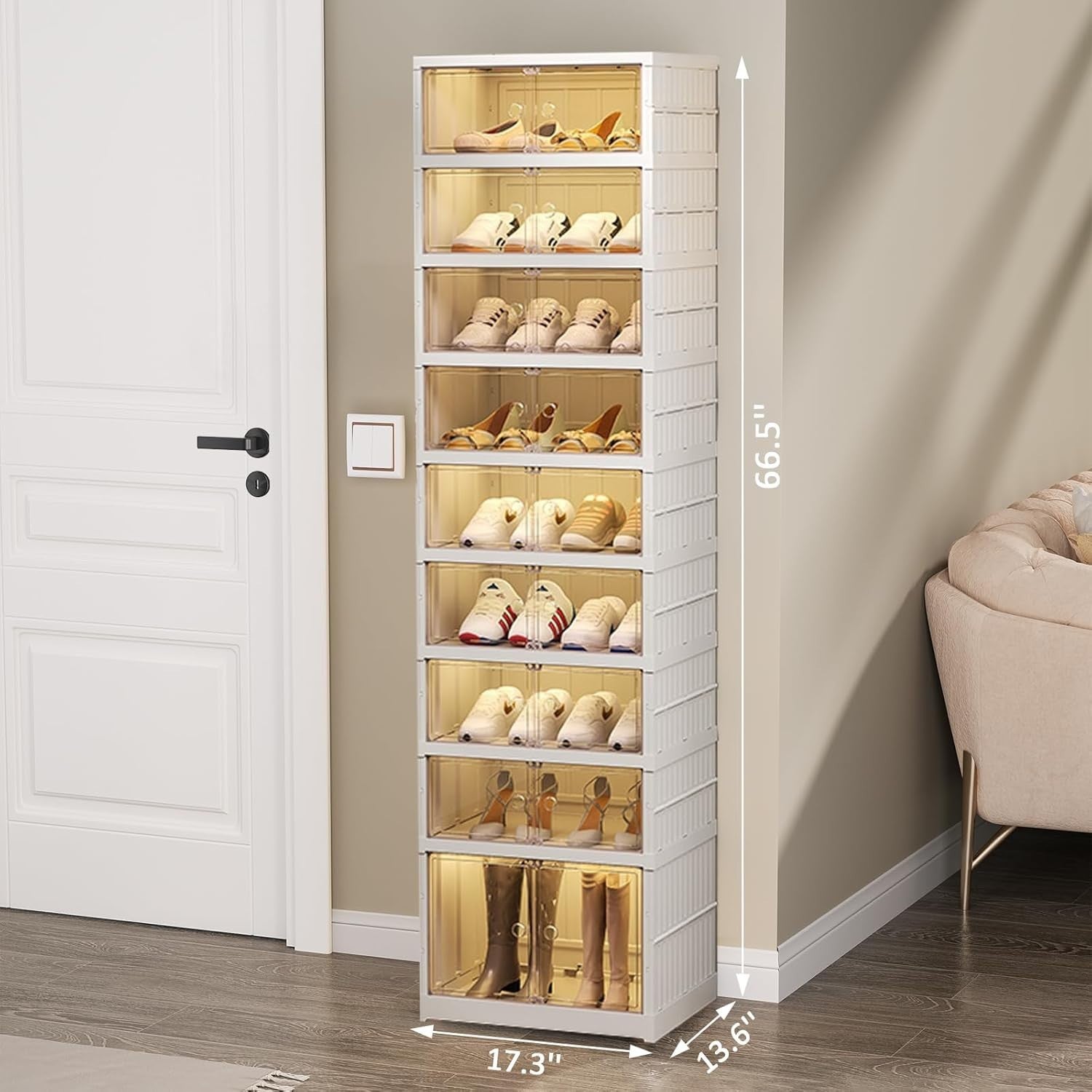 9-Tier Foldable Shoe Cabinet with Transparent Doors, 44x34.5x169 cm