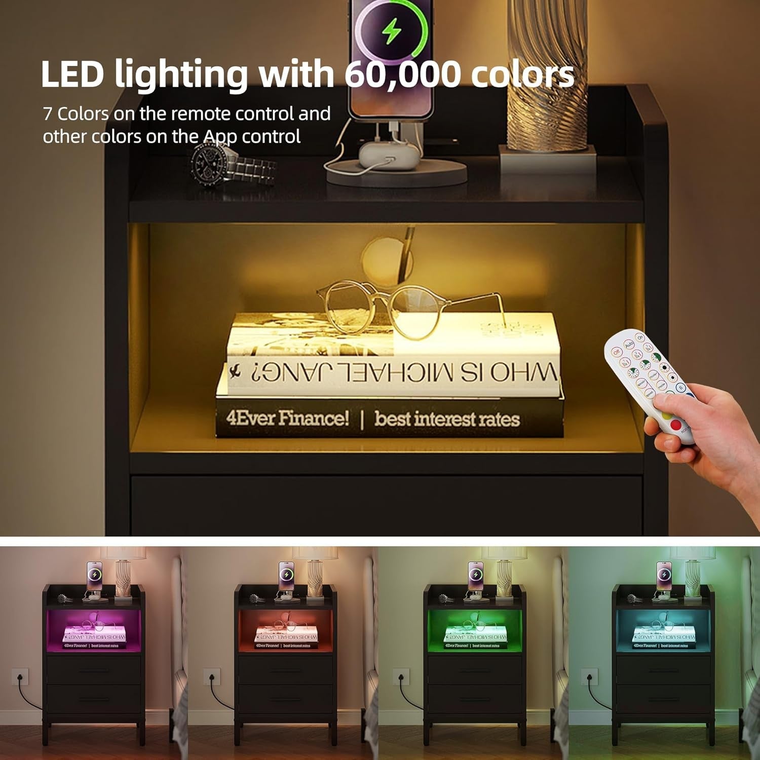 Modern LED Bedside Table with Charging Station, 2 Drawers, Storage Shelf