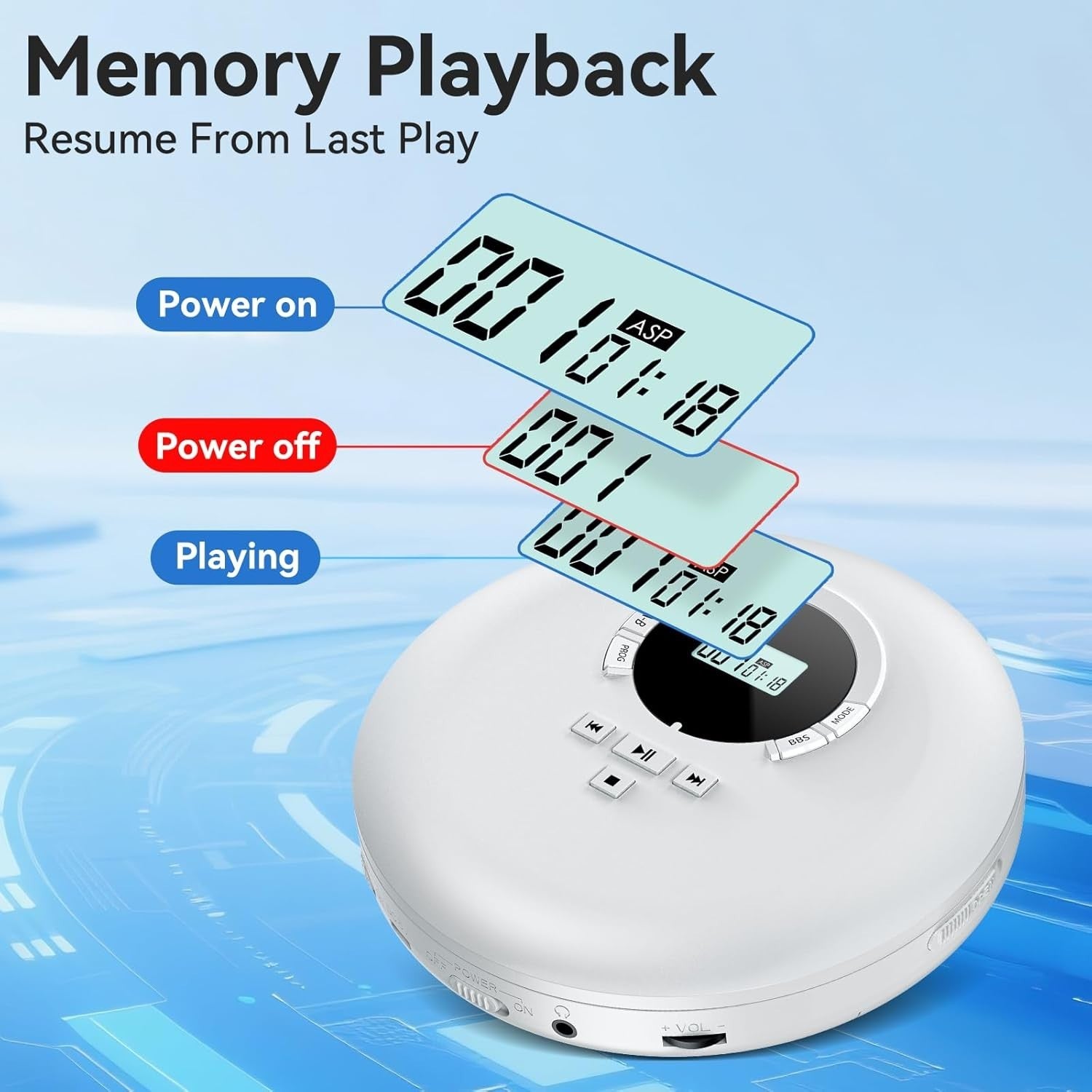 Portable CD Player Anti Skip LCD Display Headphones AUX Personal White
