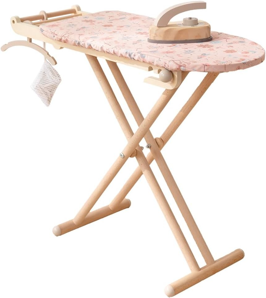 Kids Wooden Ironing Board Play Set Height Adjustable Foldable Toy with Iron