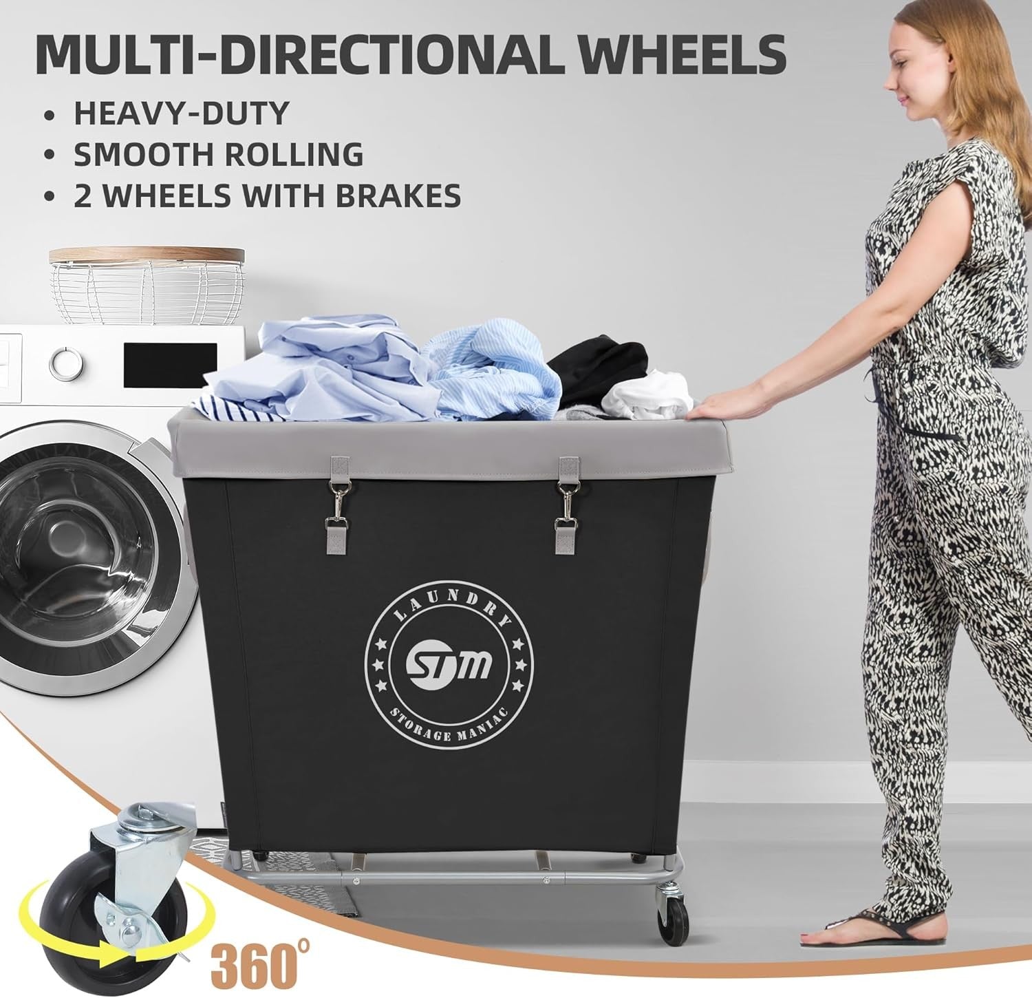 320L Commercial Laundry Hamper on Wheels | Heavy-Duty Steel Cart | Large Black B