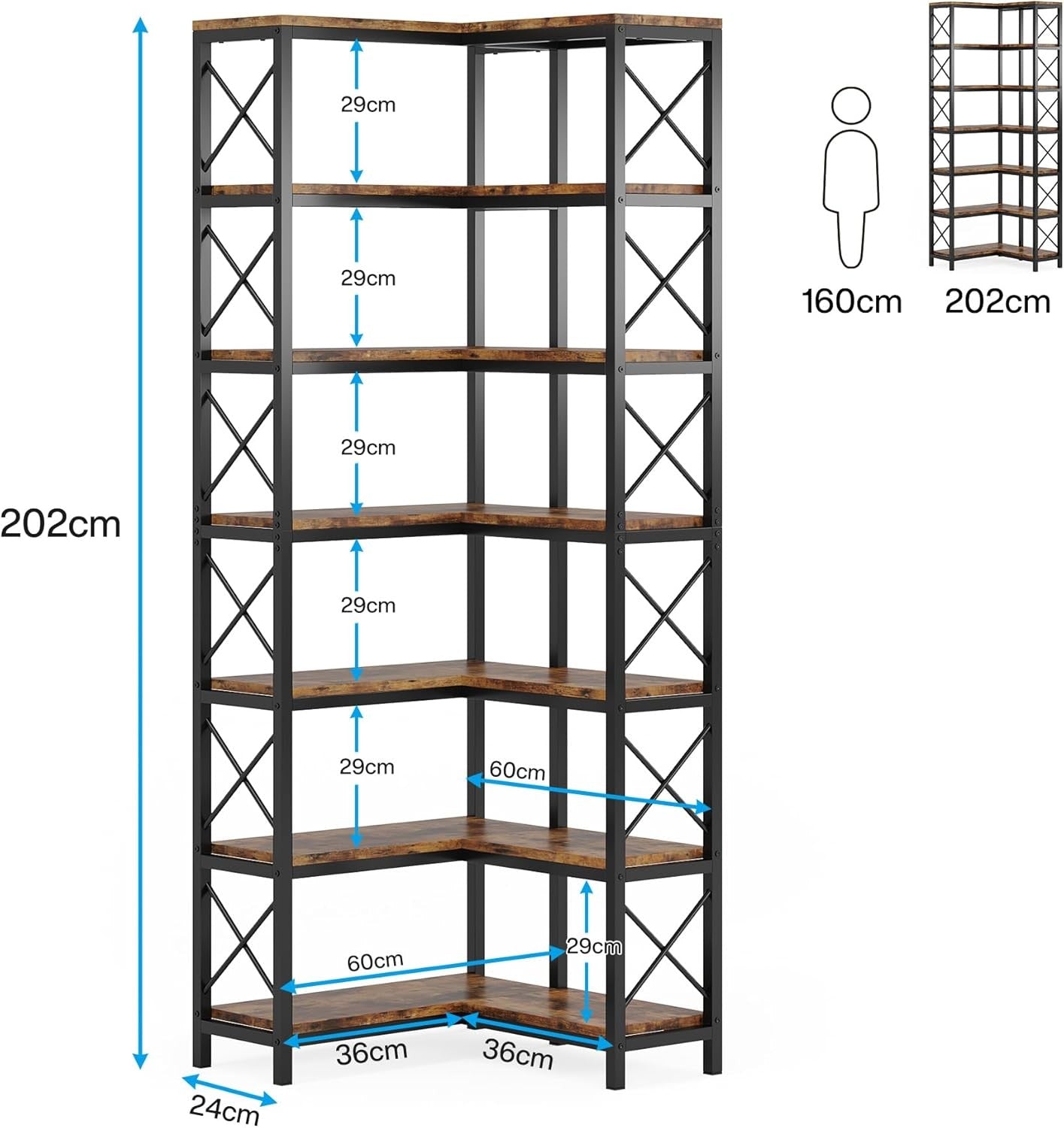 Tall 7-Tier Corner Bookshelf | 200cm Rustic Wood & Metal Display Storage Unit