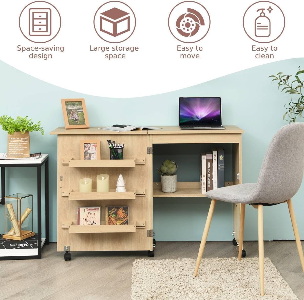 Folding Sewing Table 117cm Mobile Craft Desk with Shelves & Wheels Beige