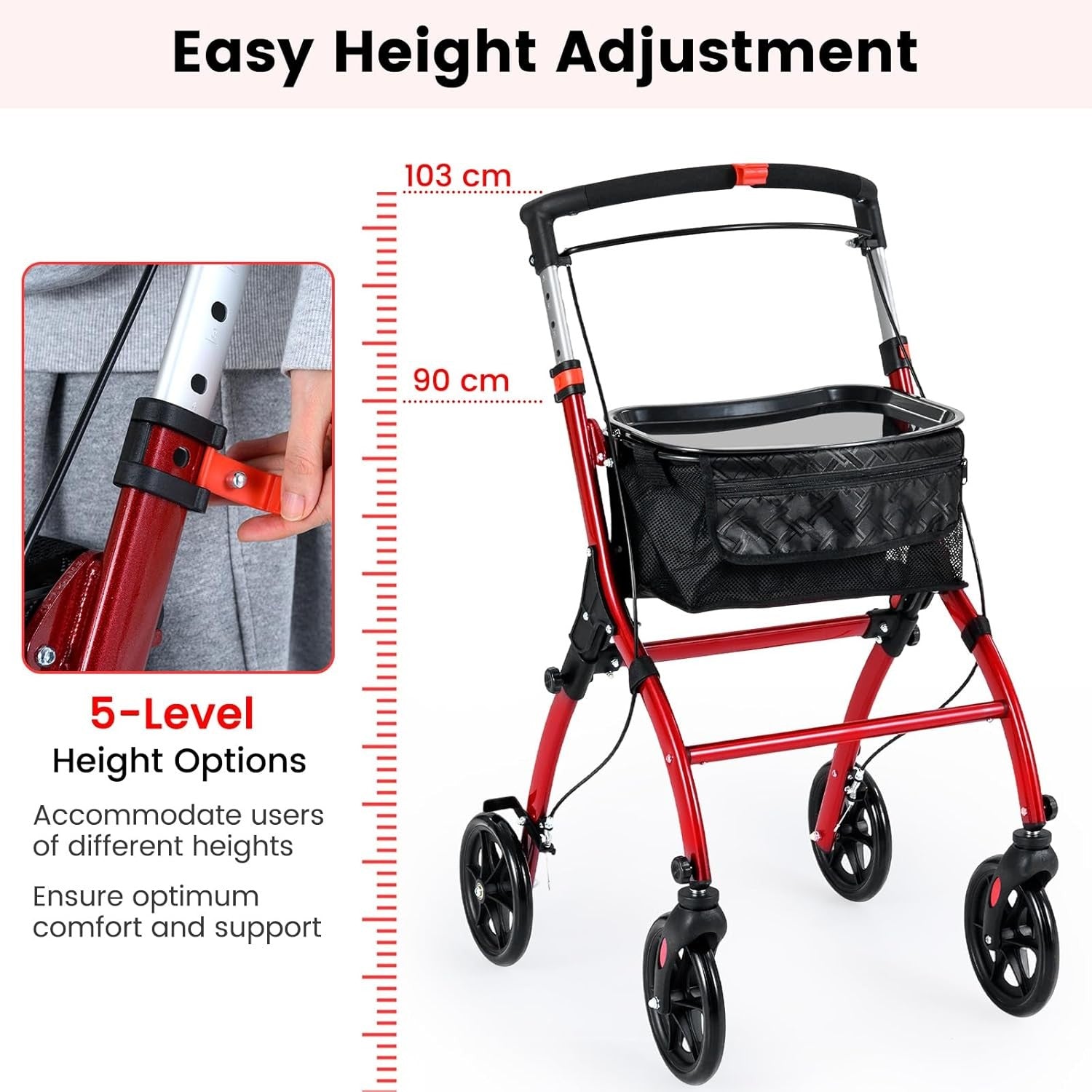 Lightweight 4 Wheel Rollator Walker Folding Mobility Aid Basket & Brakes