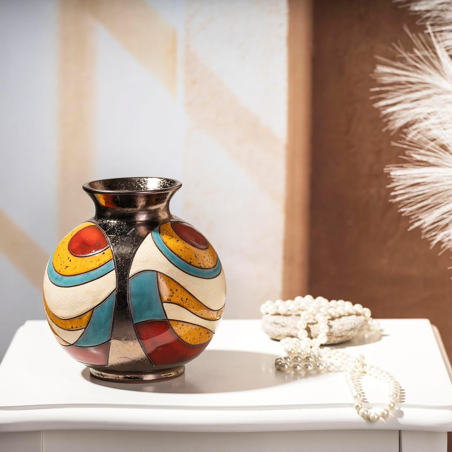 Handmade Ceramic Flower Vase 16cm Round Glazed Art Home Décor Gift