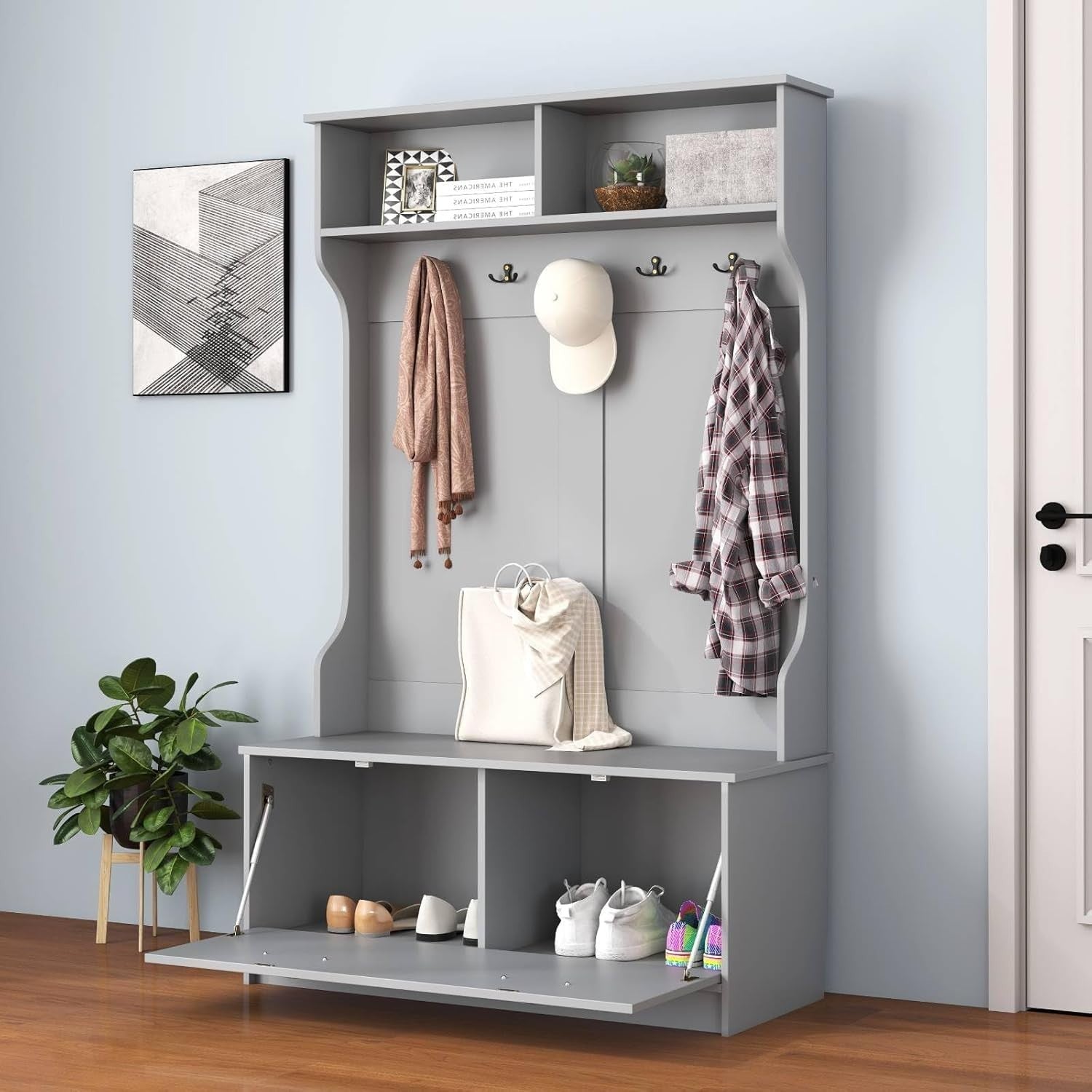 Freestanding Coat Rack with Shoe Storage Bench & Hooks for Hallway Entryway