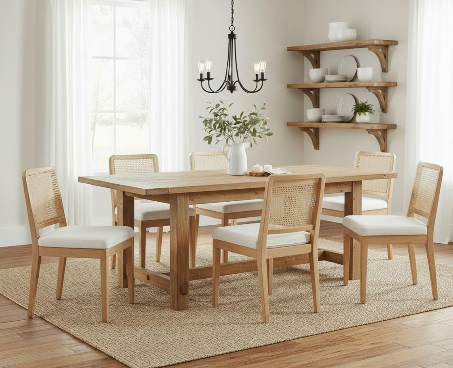 White Rattan Dining Chairs Set of 4 Upholstered Solid Wood Mid Century Style