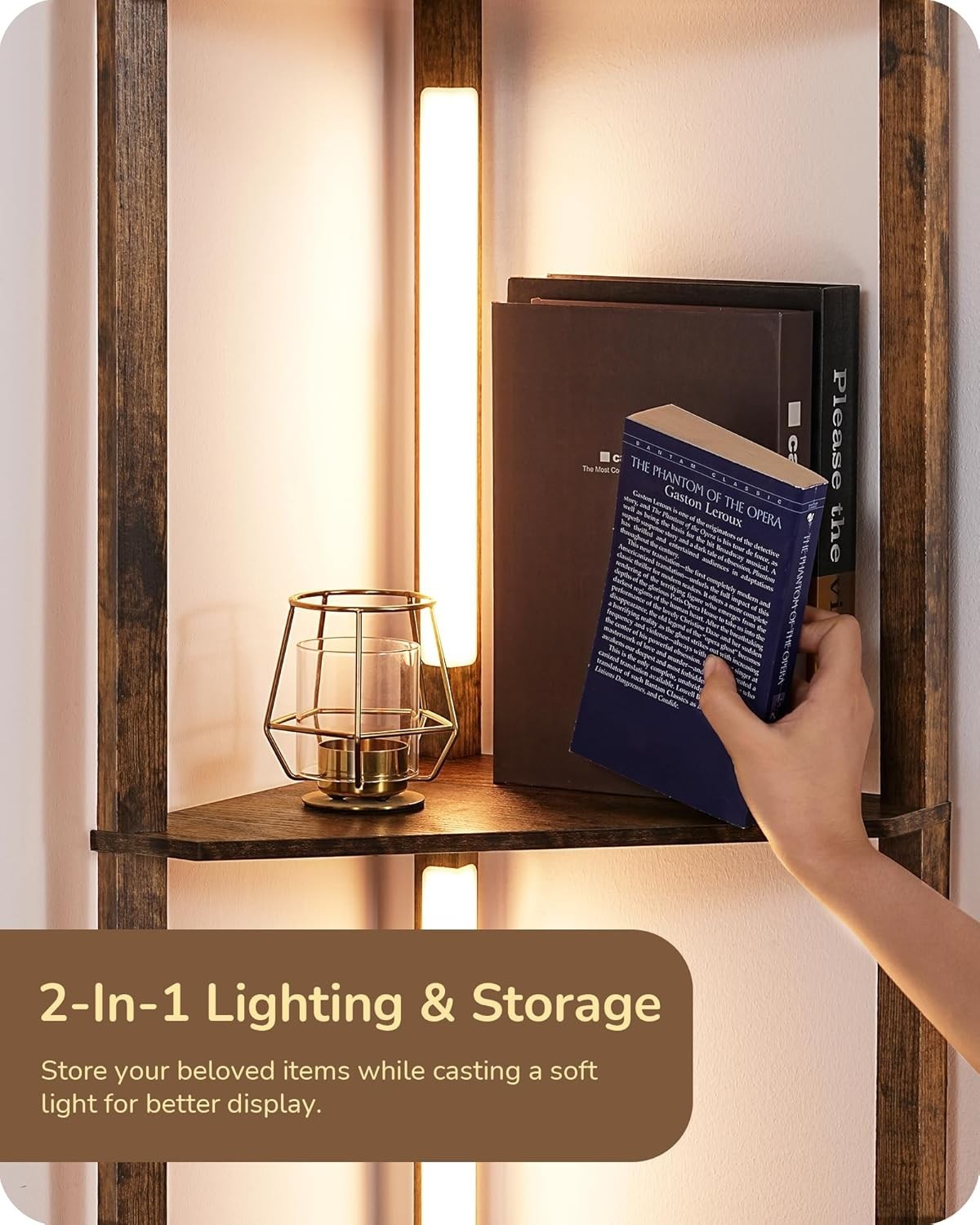 LED Corner Floor Lamp Shelf Unit 4-Tier Wood Storage Dimmable Light