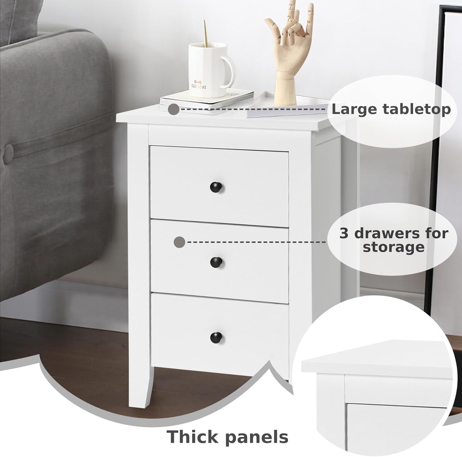 Set of 2 White 3 Drawer Bedside Tables | Modern Wooden Nightstands