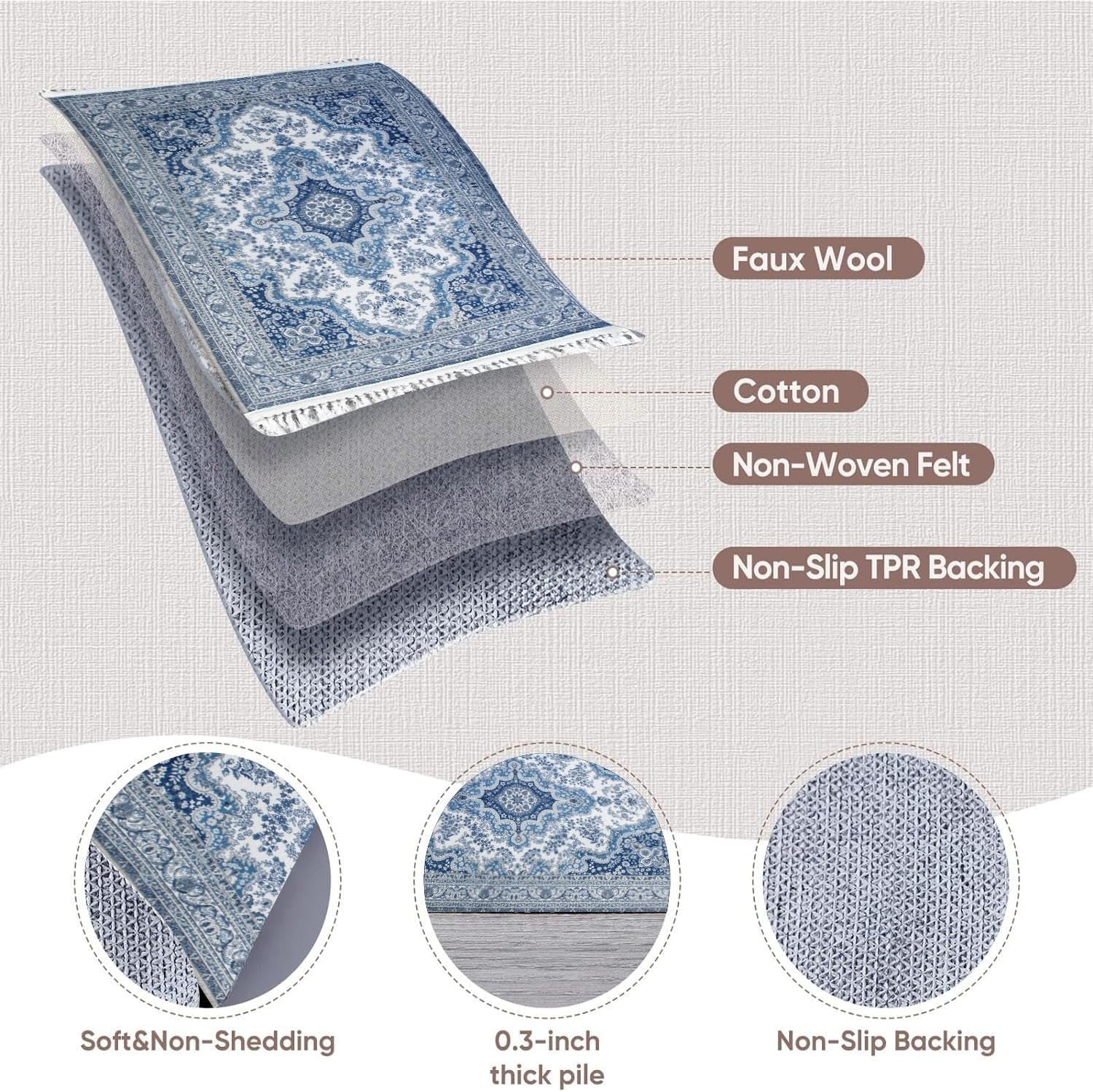 Blue Vintage Distressed Area Rug 200x290cm Large Low Pile Living Room Carpet