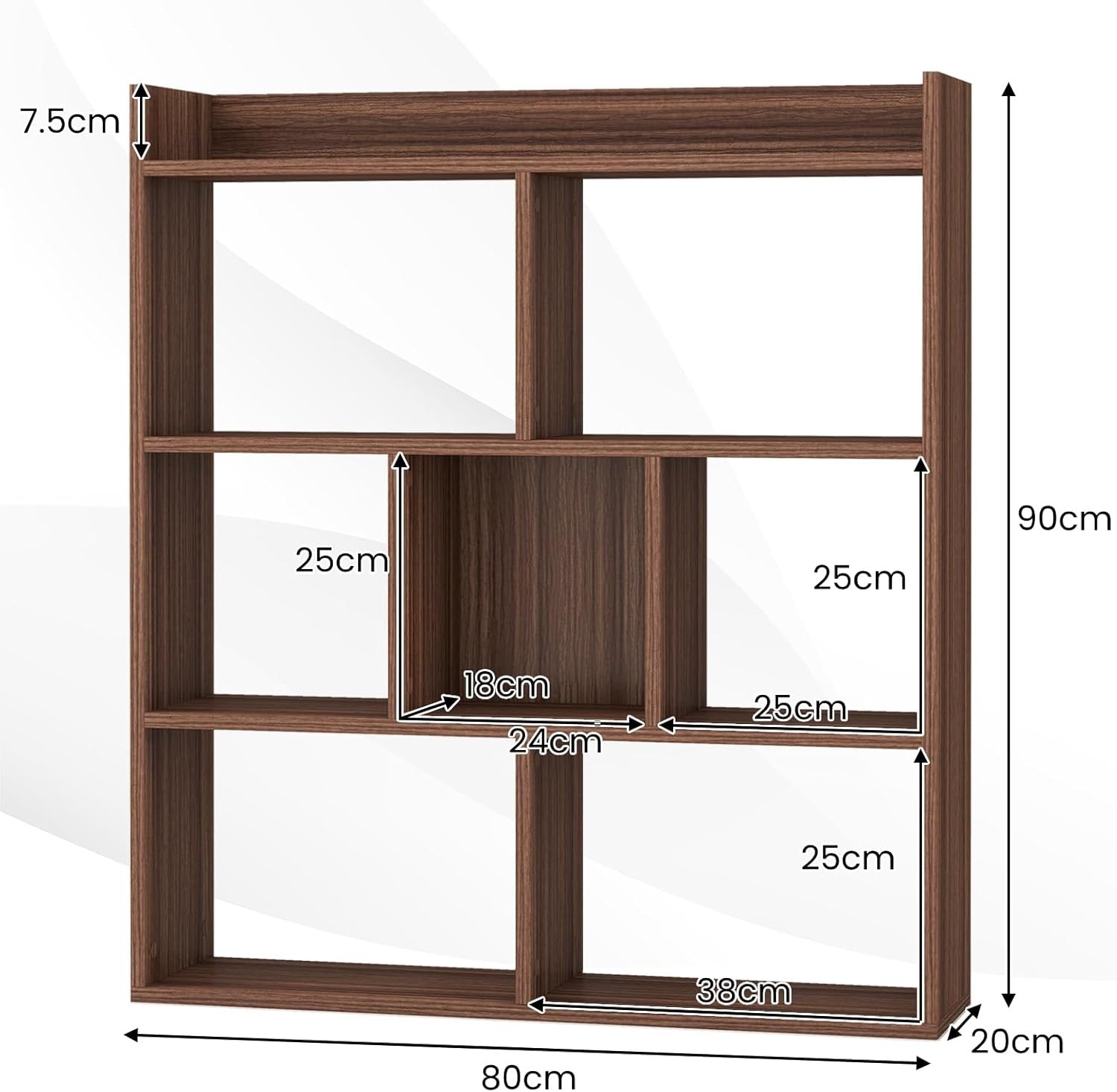 Walnut 7-Cube Bookcase Freestanding Storage Display Shelf with Anti-Topple Kit