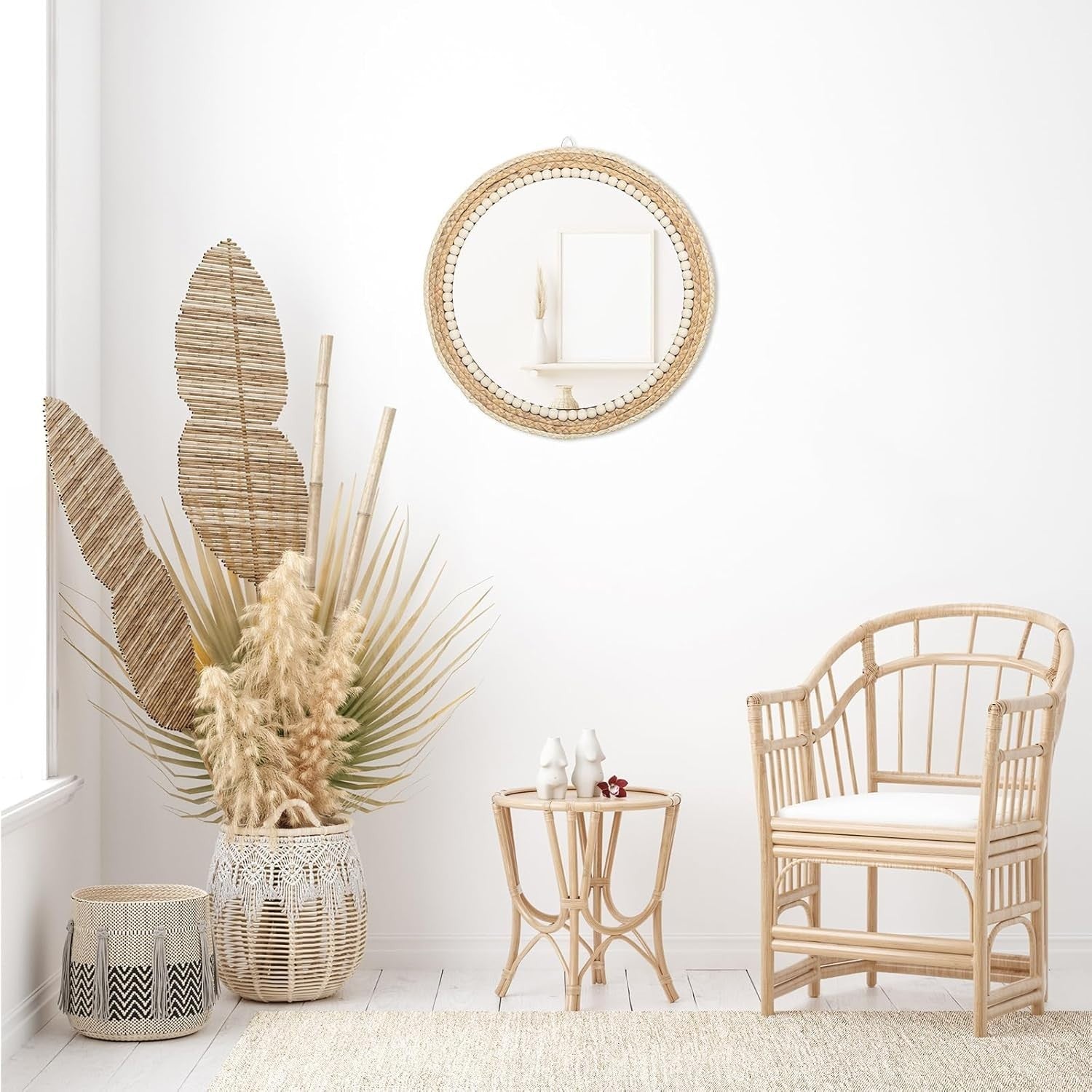 Boho Round Rattan Wall Mirror 45cm Hanging Farmhouse Decor