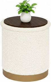 White Boucle Storage Ottoman Round Folding Footrest with Reversible Tray Lid