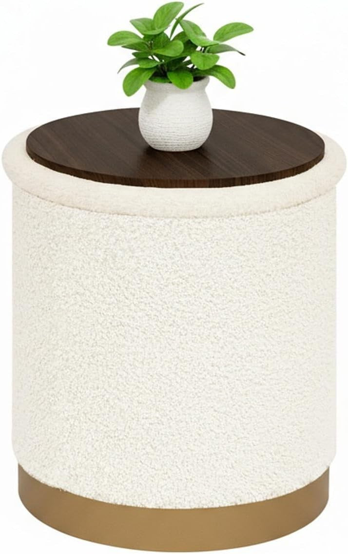 White Boucle Storage Ottoman Round Folding Footrest with Reversible Tray Lid