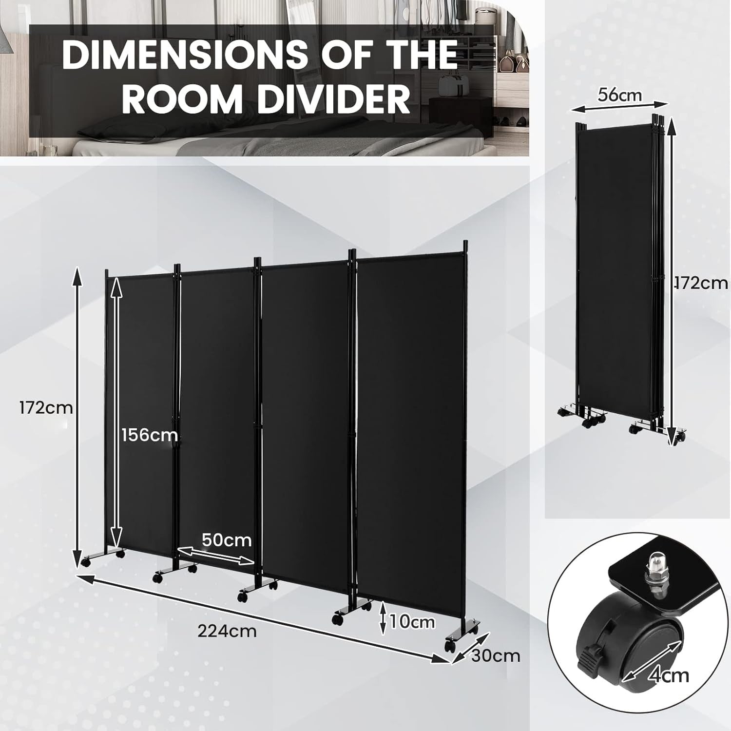 4 Panel Black Folding Room Divider Privacy Screen on Wheels for Home Office