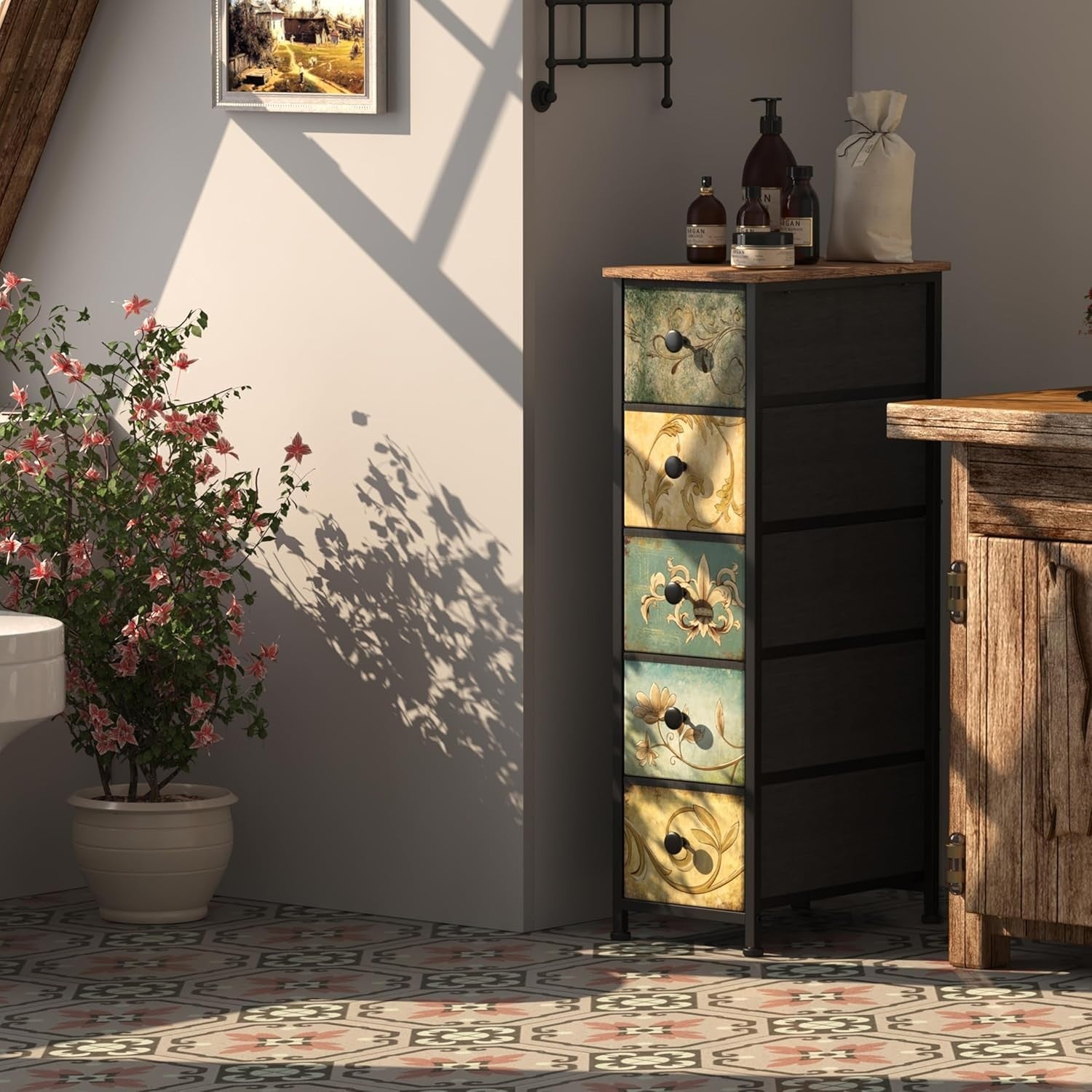 Slim 5 Drawer Tall Storage Cabinet Rustic Boho Unit Bedroom Hallway