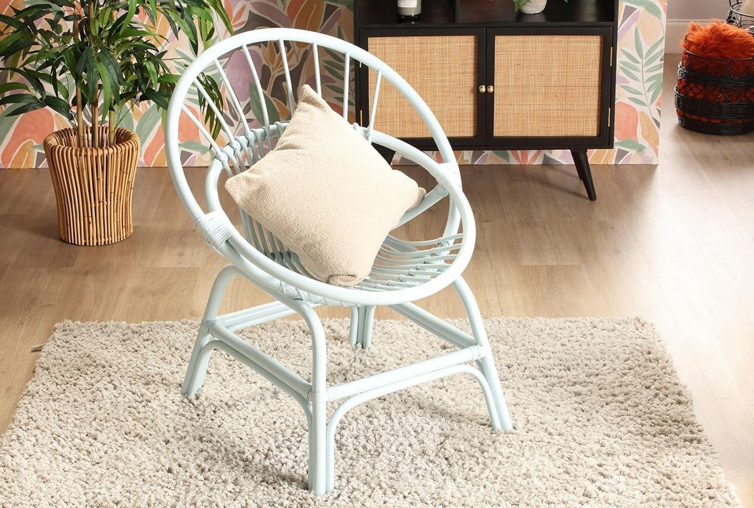 Blue Rattan Wicker Moon Chair Indoor Cane Lounge Armchair Bedroom
