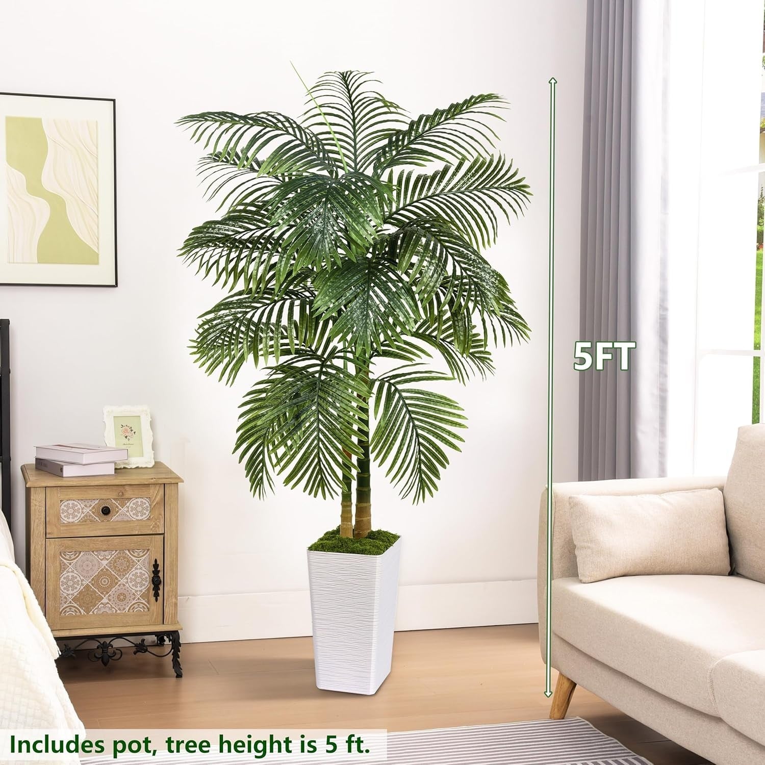 5ft Tall Artificial Tropical Palm Tree in White Planter Indoor Outdoor Decor