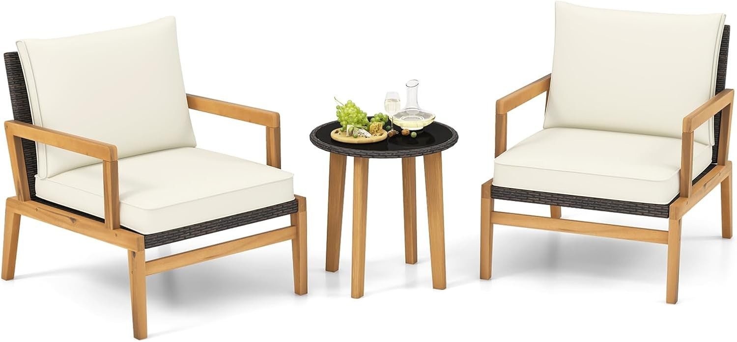 Luxury Acacia Garden Armchair Set with Cushions & Glass Table Patio Balcony