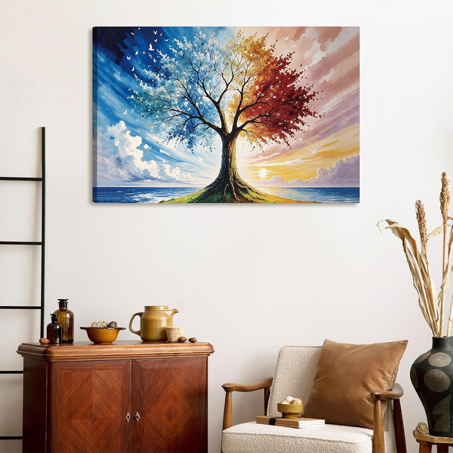CHDITB Abstract Tree of Live Wall Art,Blue Yellow Tree Canvas Prints Poster,Natu