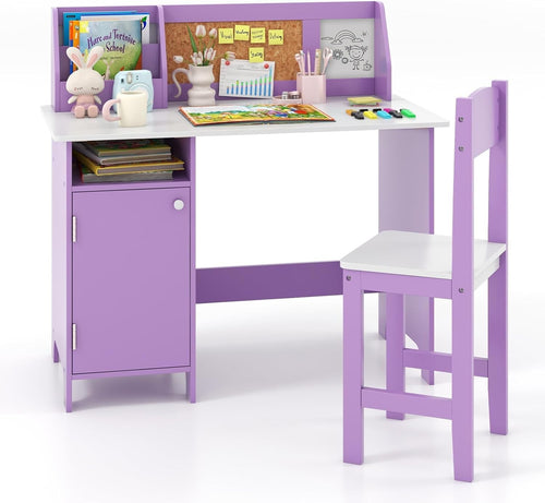 Kids Study Desk & Chair Set with Storage Cabinet, Cork Board, Ergonomic