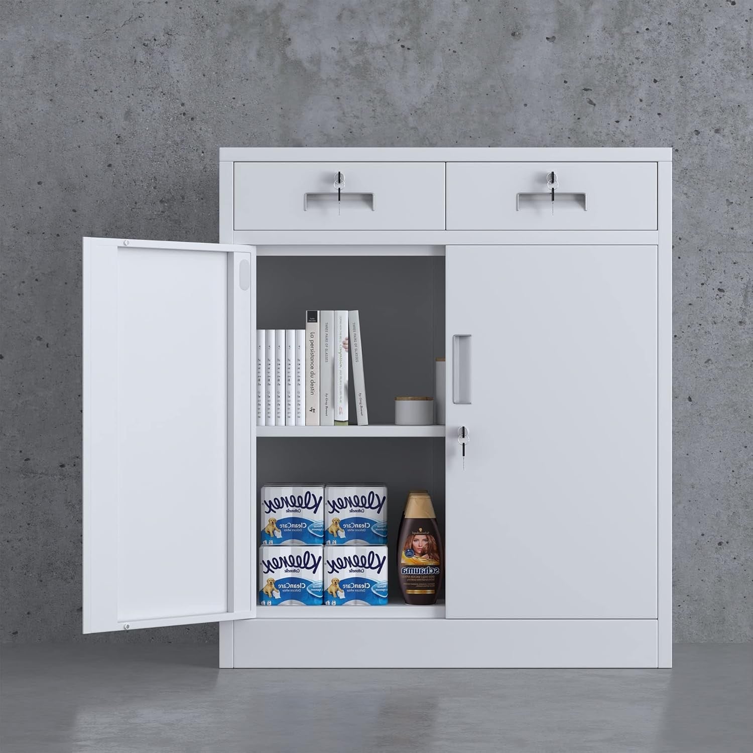Lockable Metal Storage Cabinet White 2 Door Cupboard 2 Drawers Adjustable Shelf