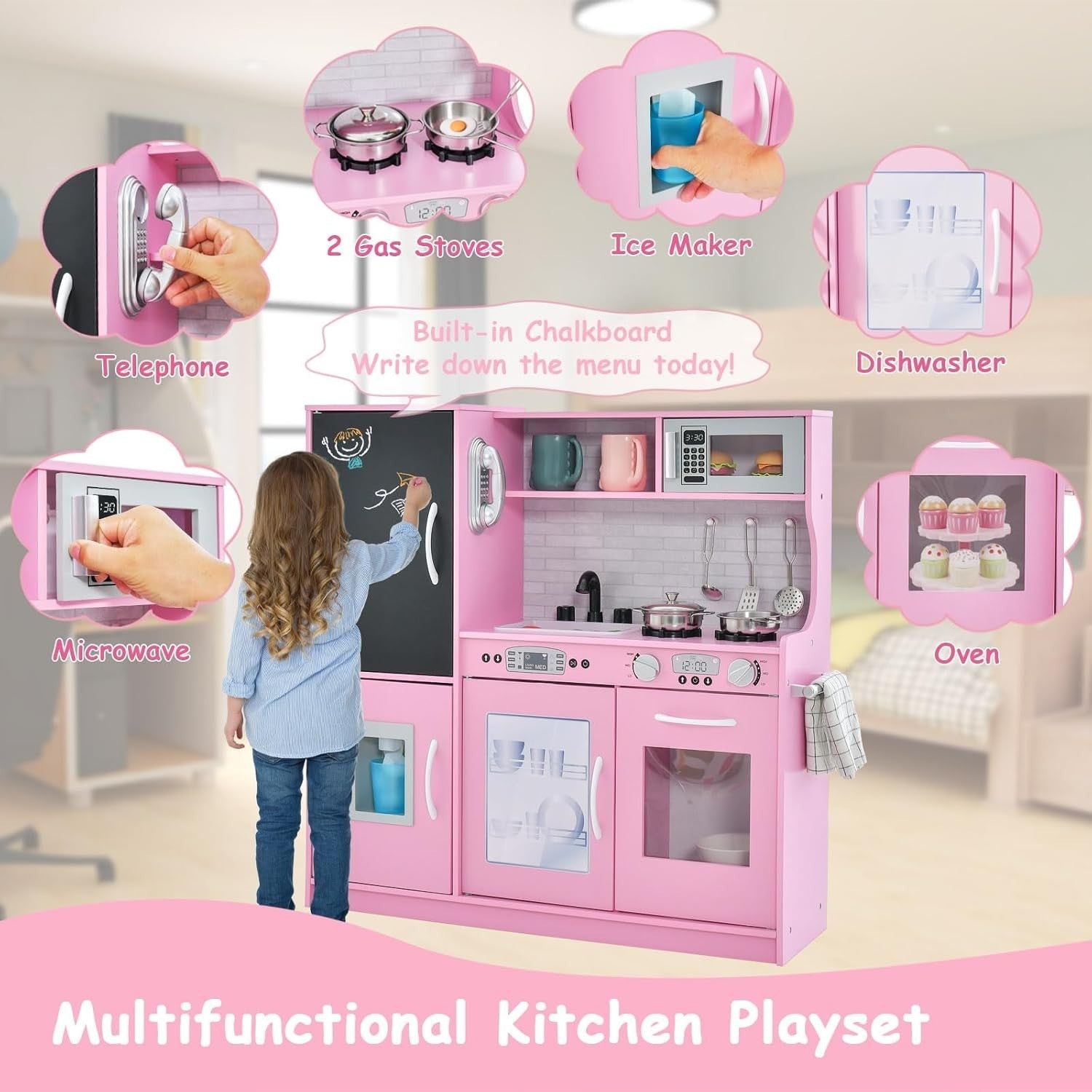 Wooden Kids Play Kitchen Pink w/ Chalkboard Ice Maker Microwave