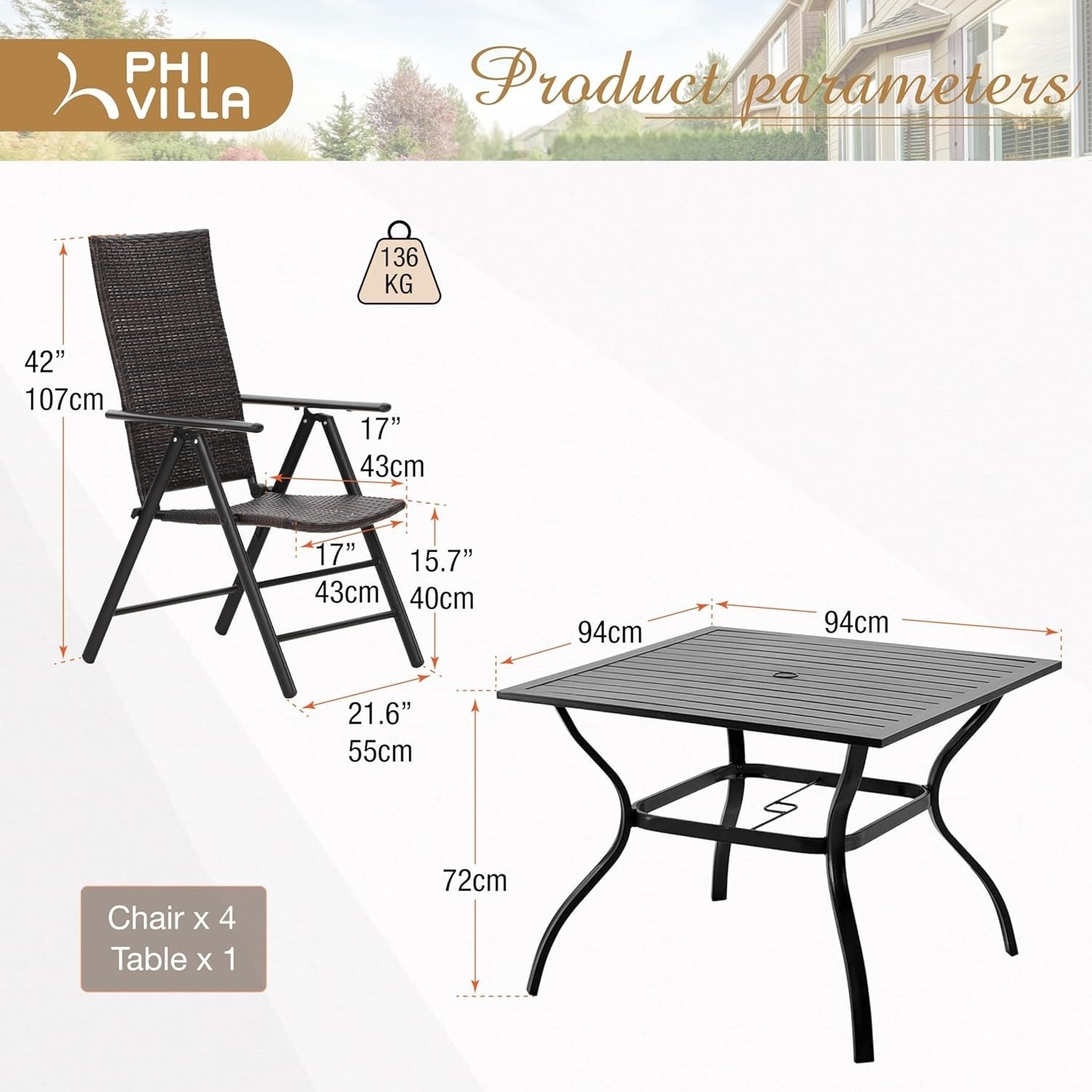 5pc Rattan Garden Dining Set Folding Chairs Square Table Patio Balcony Bistro