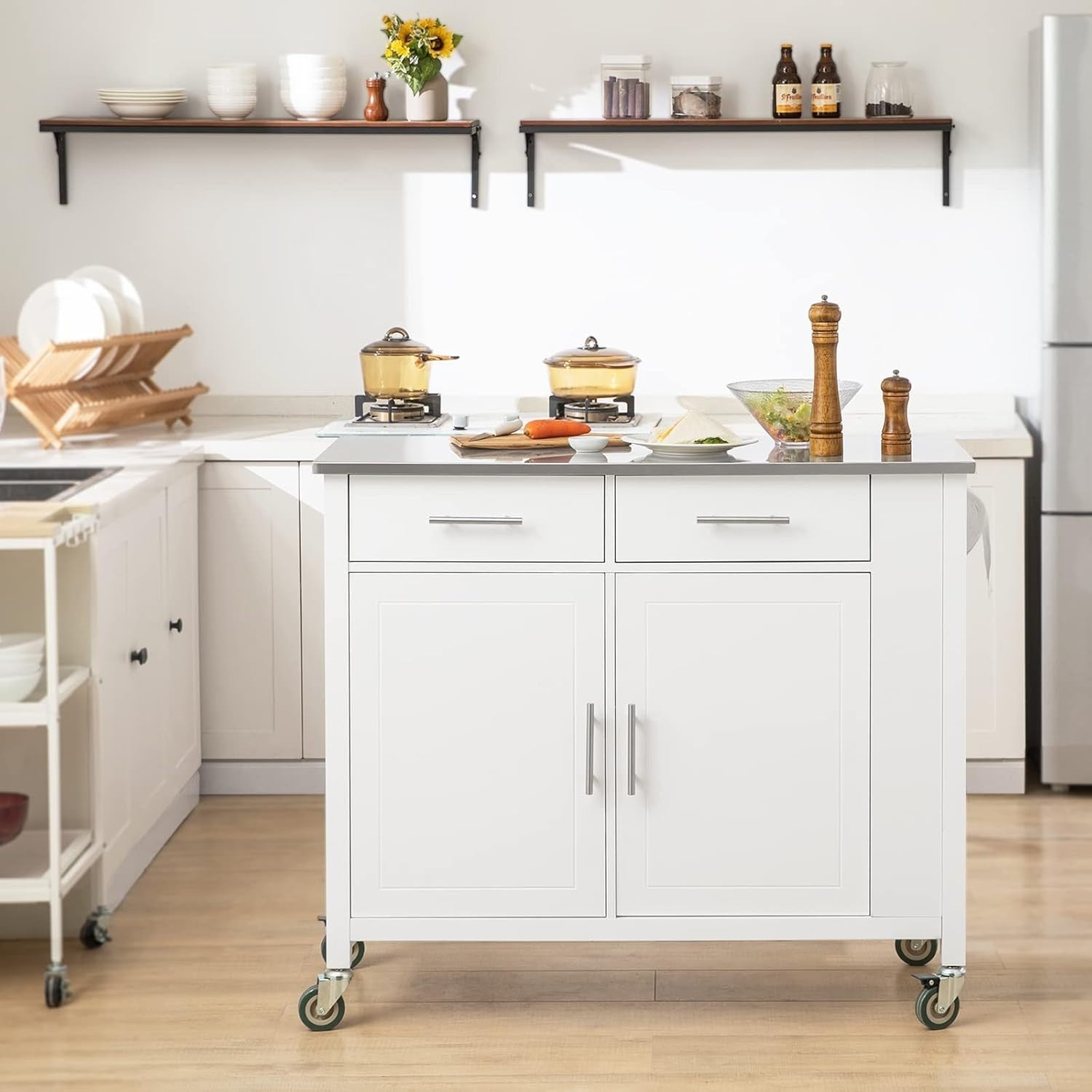White Kitchen Island Trolley Cart with Drawers & Steel Top 107x46x94cm