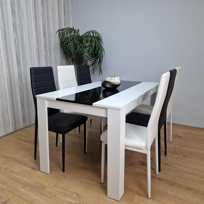White Gloss Dining Table Set with 6 Faux Leather Chairs Modern Kitchen