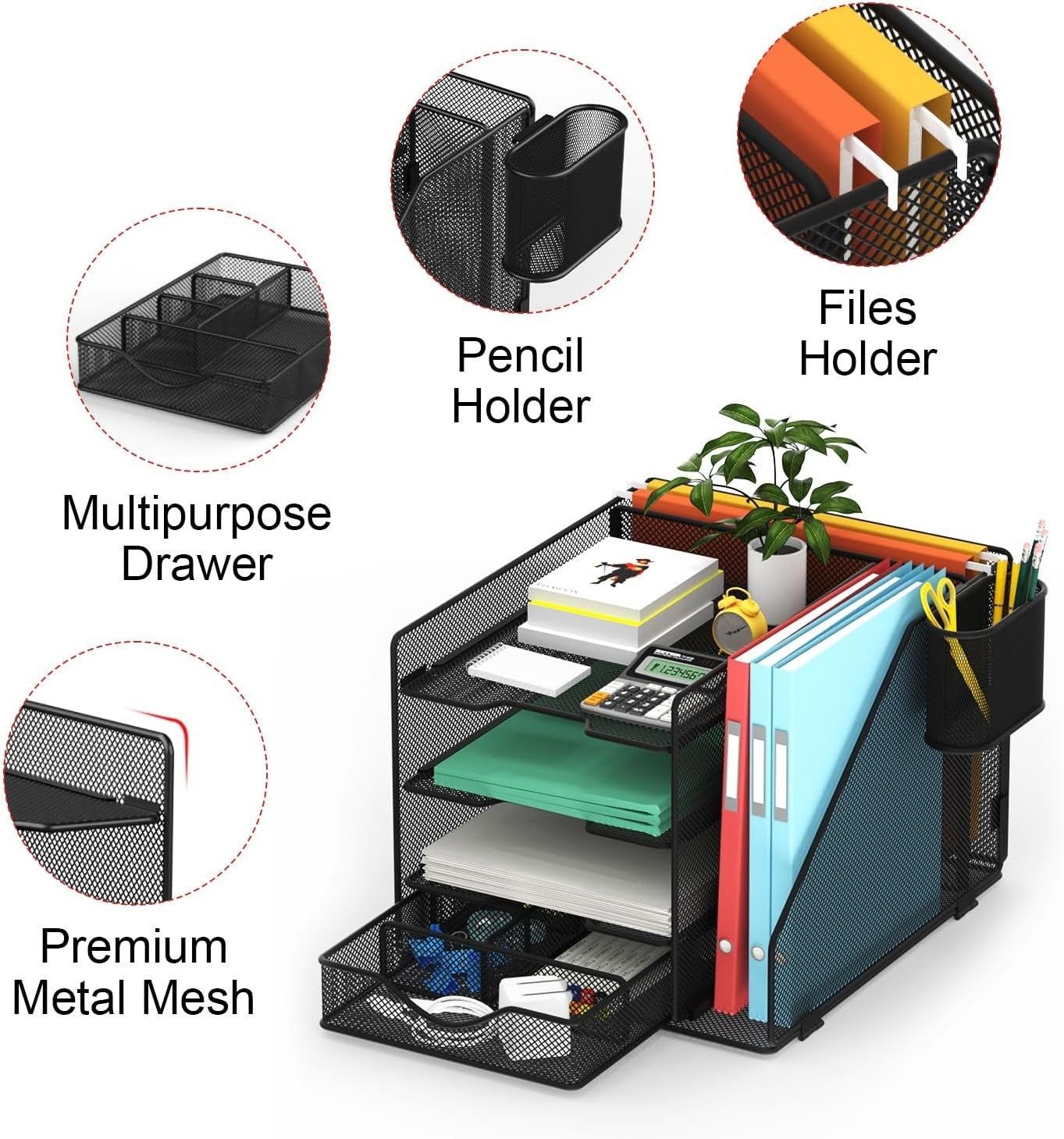 Black Mesh Desk Organiser – 4-Tier Paper Tray, Drawer & Pen Holder