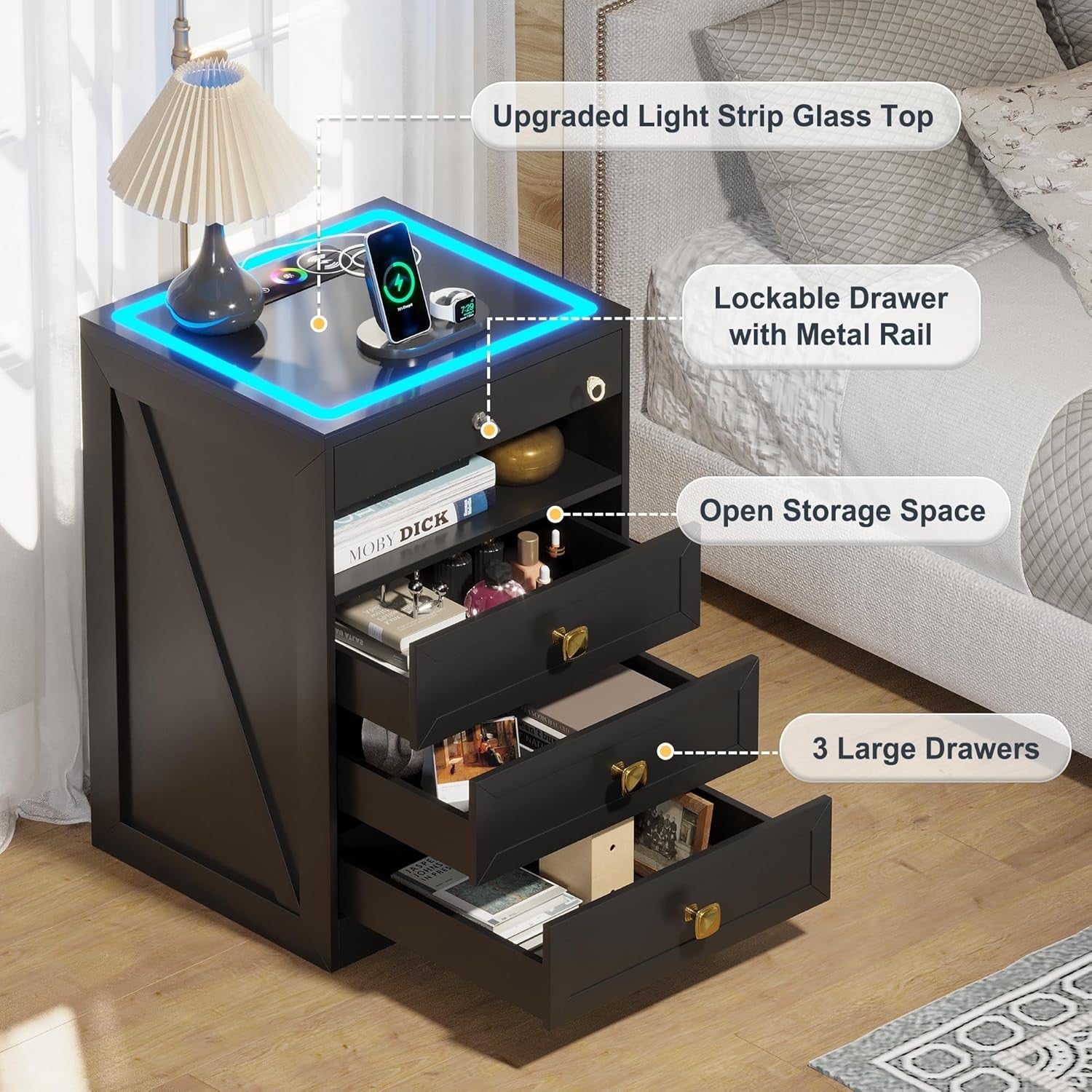 Set of 2 Black LED Bedside Tables with Wireless Charging, Glass Top & Hidden Dra