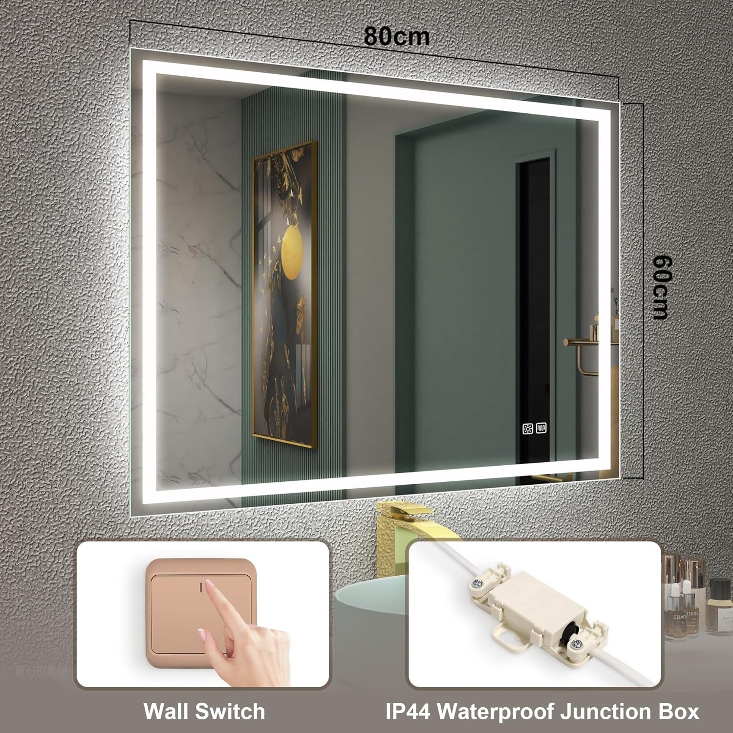 LED Bathroom Mirror 60x80 cm Anti-Fog, Dimmable Lights & Memory Function