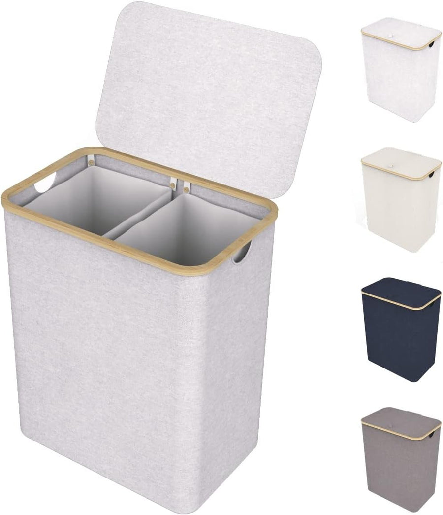 150L Double Laundry Basket Light Grey with Lid & Bamboo Frame | Large Laundry Ha