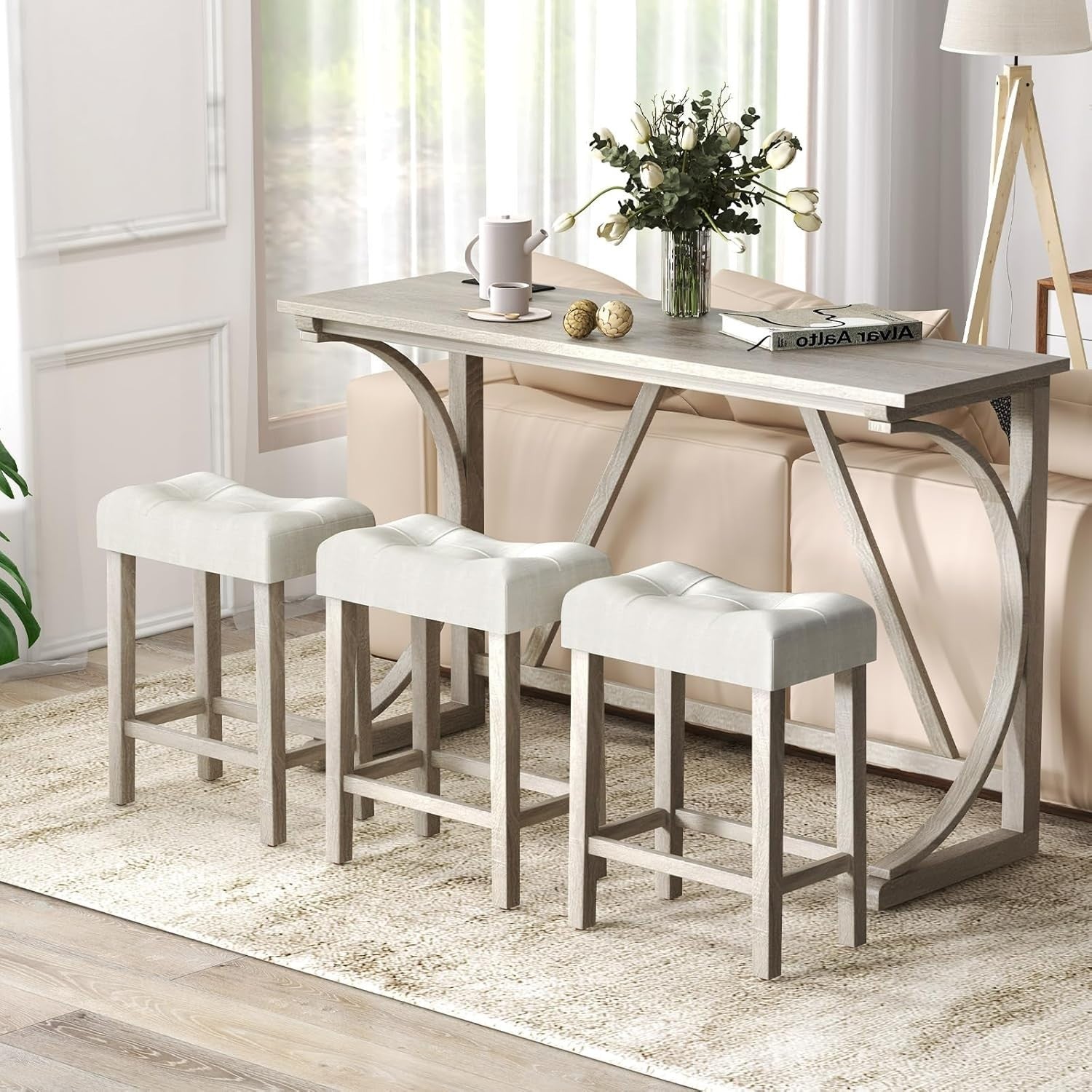 Counter Height Bar Table Set with Power Outlet, 4-Piece Dining Set with Stools