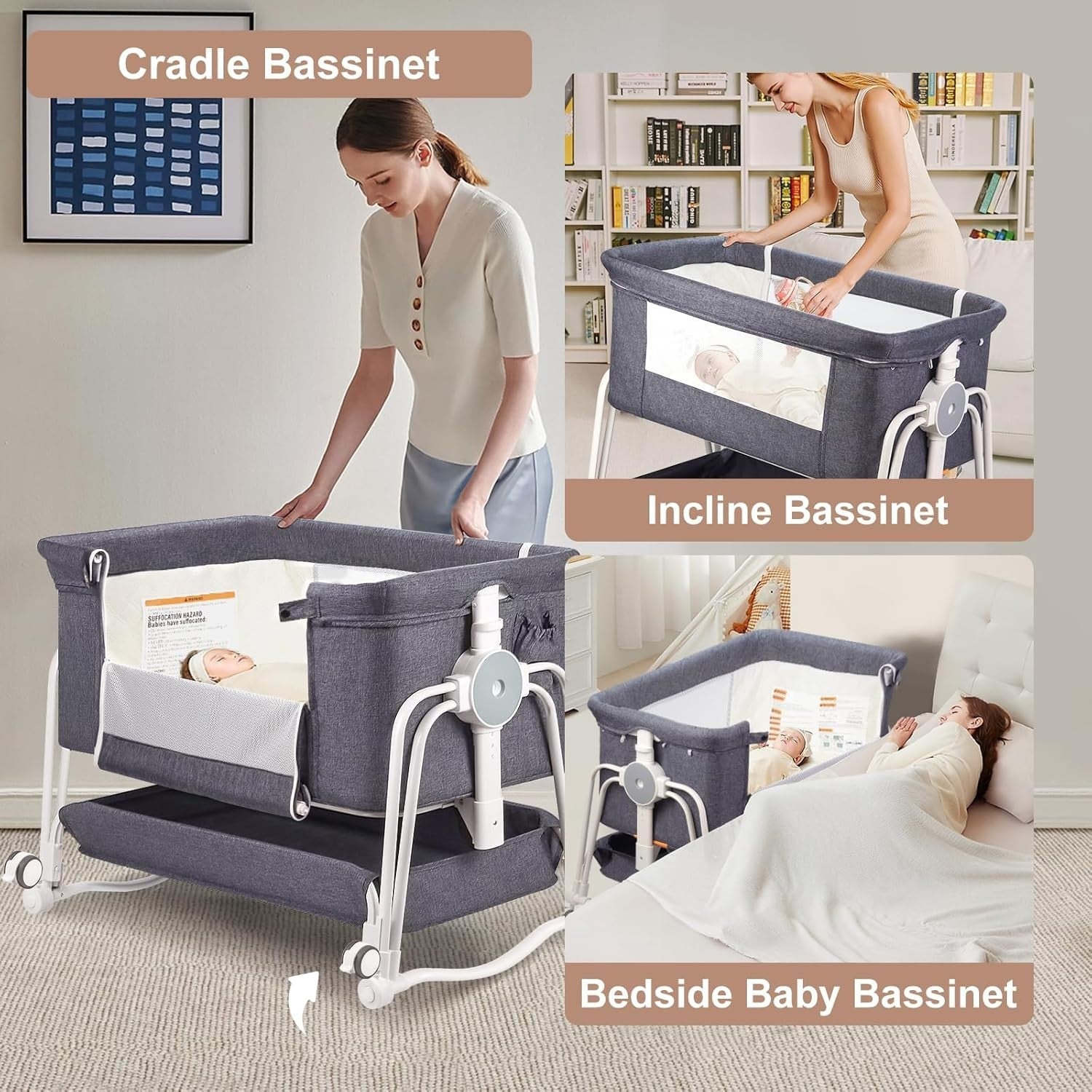 4 in 1 Baby Crib Bedside Cot with Wheels, Mosquito Net & Mattress Grey