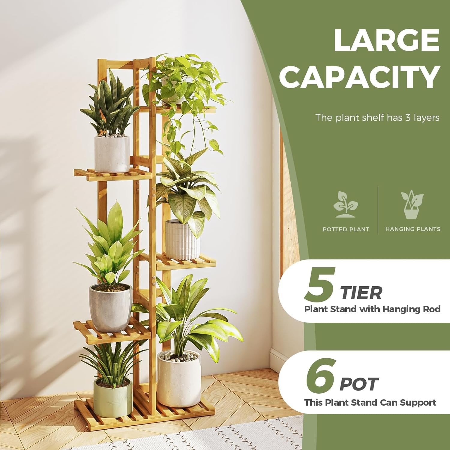 5 Tier Bamboo Plant Stand | Tall Corner Flower Shelf Indoor Outdoor Display Rack