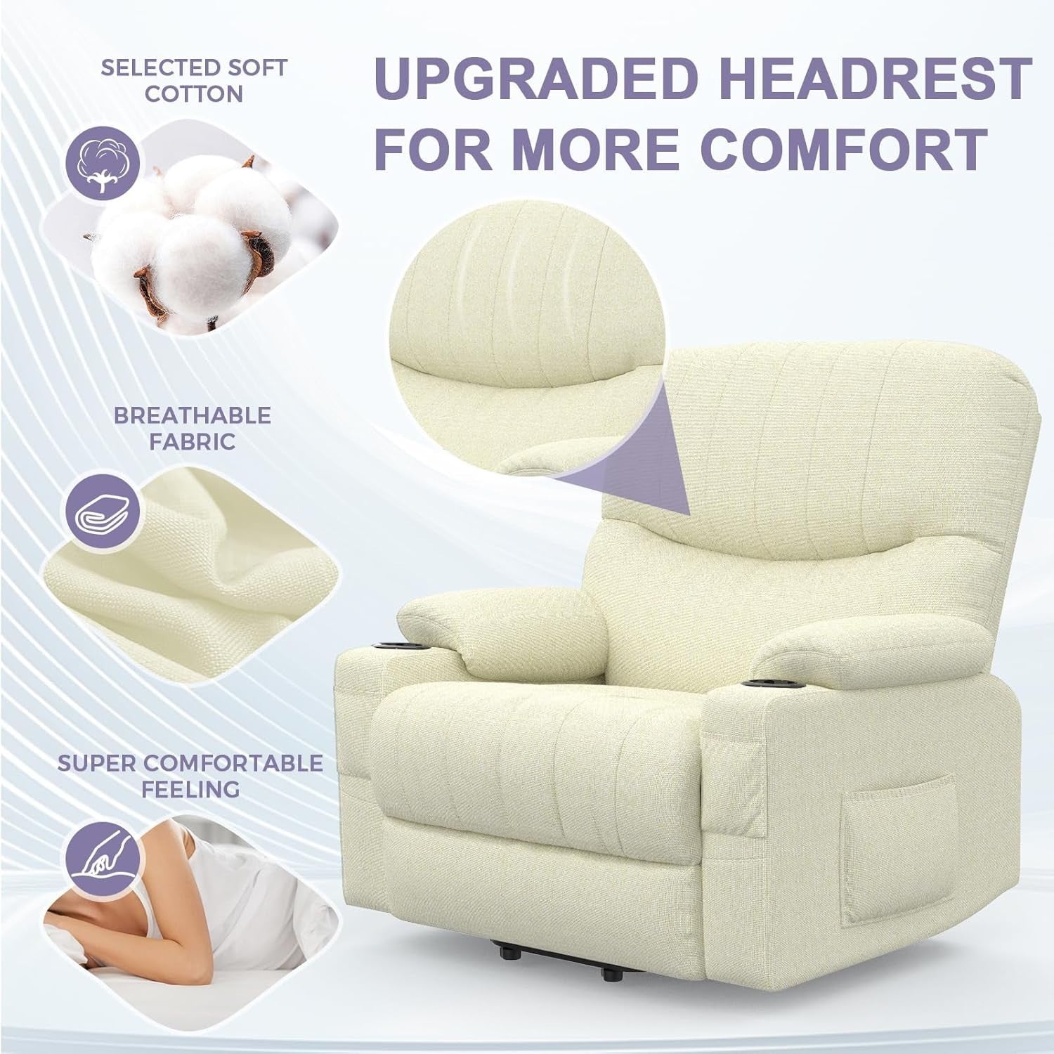 Electric Lift Recliner Chair Oversized Massage Heat USB Type-C Cream Armchair