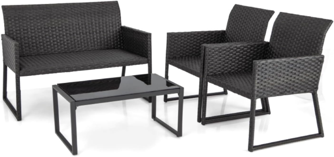 4PC Rattan Garden Sofa Set Metal Frame Patio Chairs Glass Coffee Table
