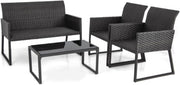 4PC Rattan Garden Sofa Set Metal Frame Patio Chairs Glass Coffee Table
