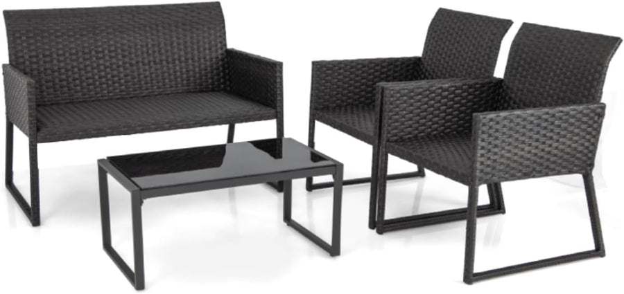4PC Rattan Garden Sofa Set Metal Frame Patio Chairs Glass Coffee Table