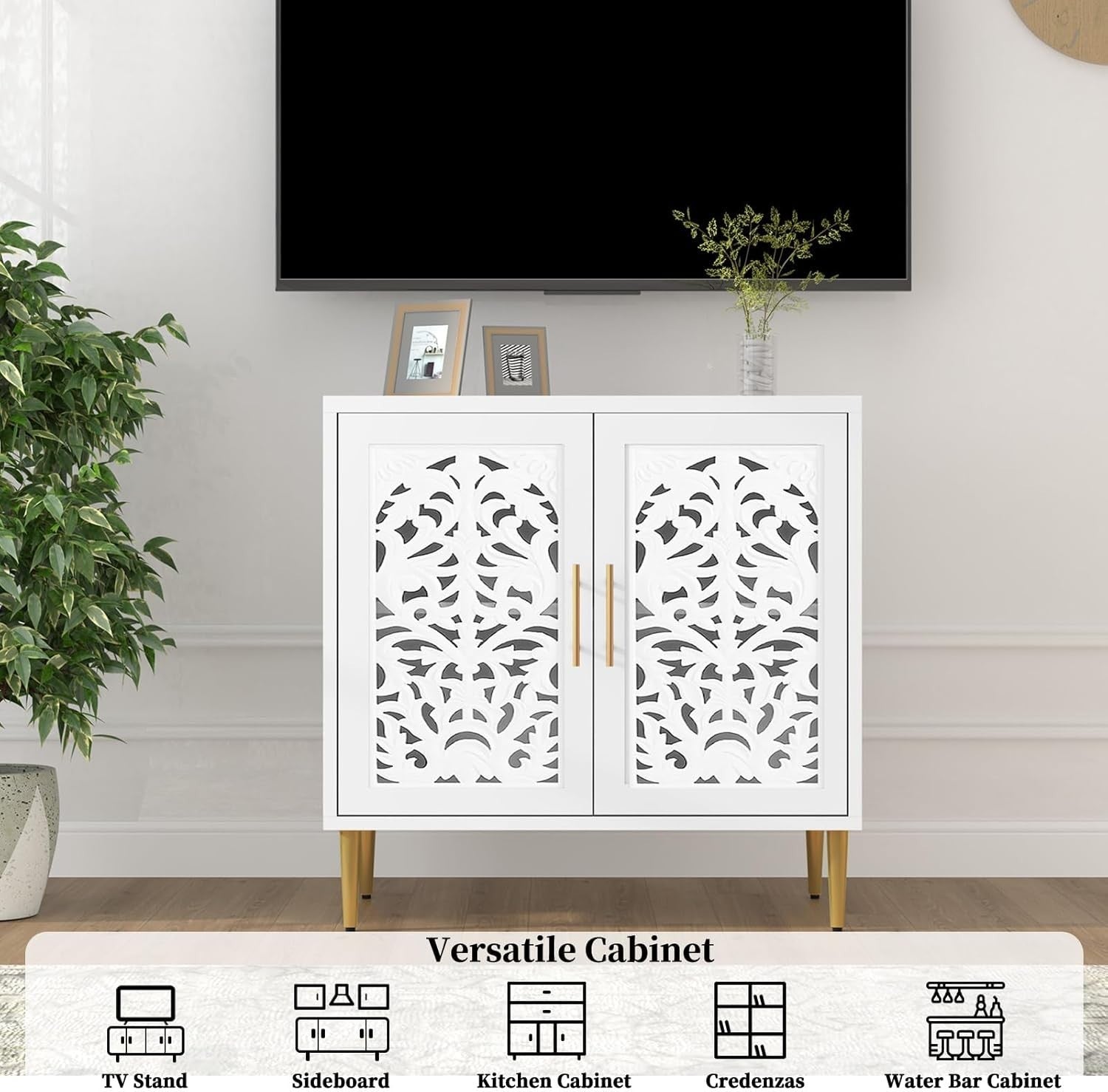 White Vintage Sideboard Cabinet 2 Door Carved Storage Unit Hallway Accent