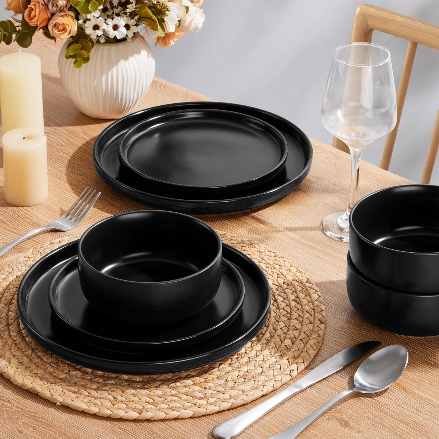 12pc Stoneware Dinner Set Matte Black Plates Bowls Microwave Safe
