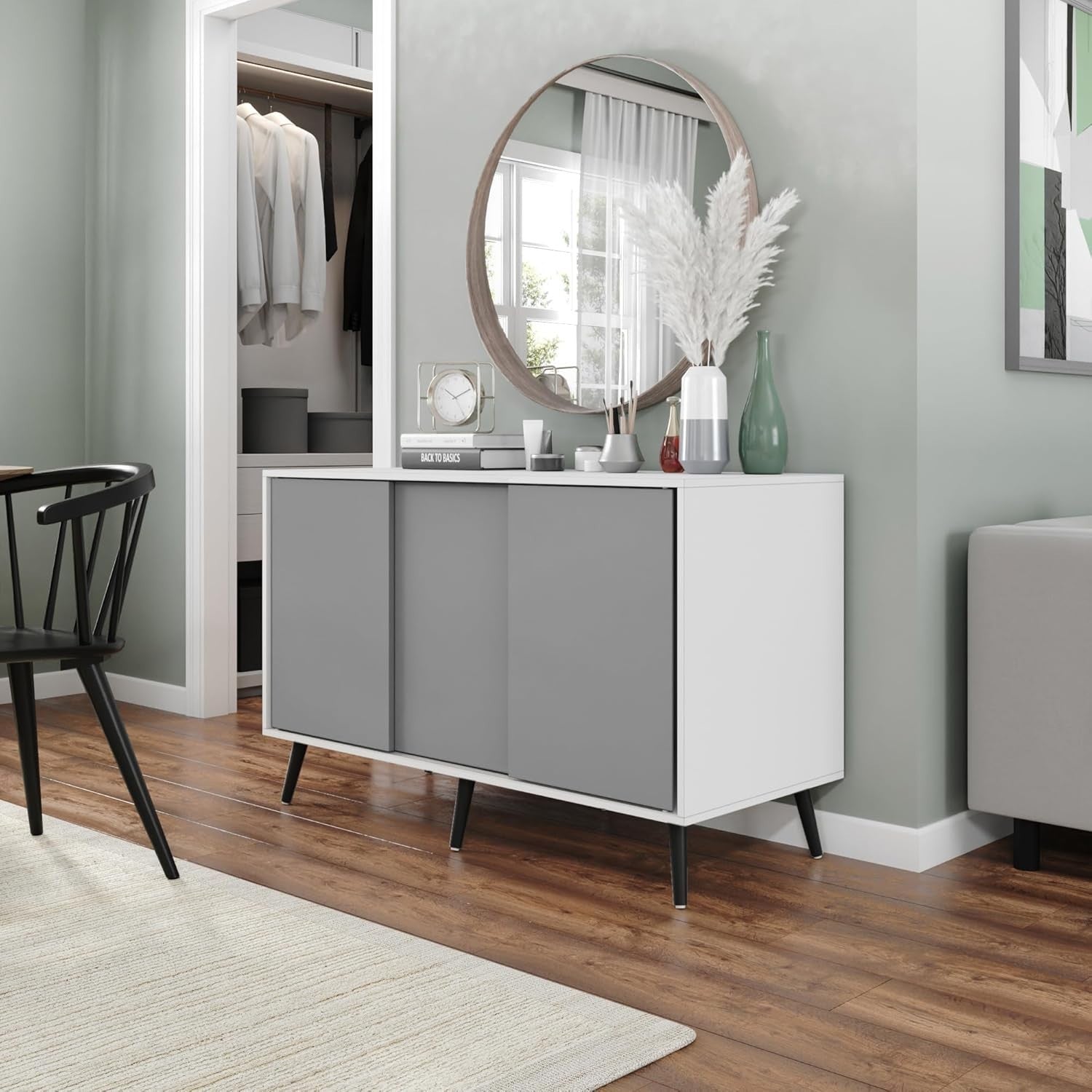 Modern 3-Door Sideboard Cabinet Grey Sliding Doors Storage Unit Black Legs